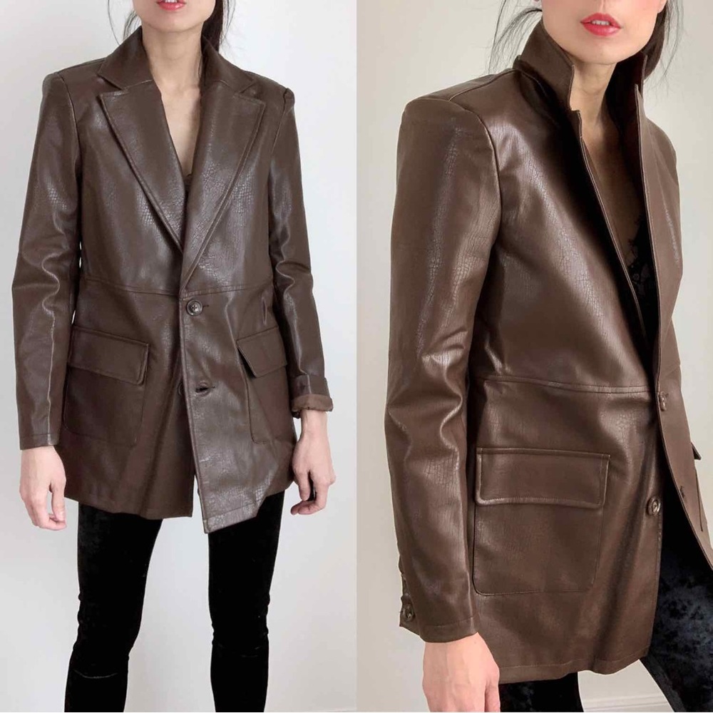 FRANKIE Faux leather Blazer Jacket s Dark Choco - Picture 1 of 10
